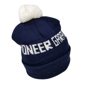 Vintage Beanie Knit Hat Pom Spellout Pioneer Garage Navy Blue White Fold Over OS